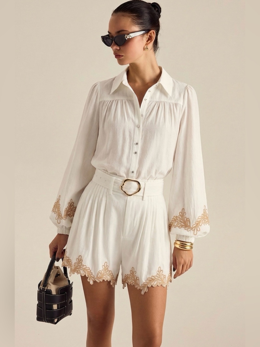 White Embroidered Button-Front Romper with Gold Trim